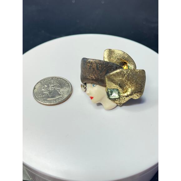 Vintage Artisan Flossie 1992 Art Deco Style Woman's Face Brooch Pin - Picture 6 of 8